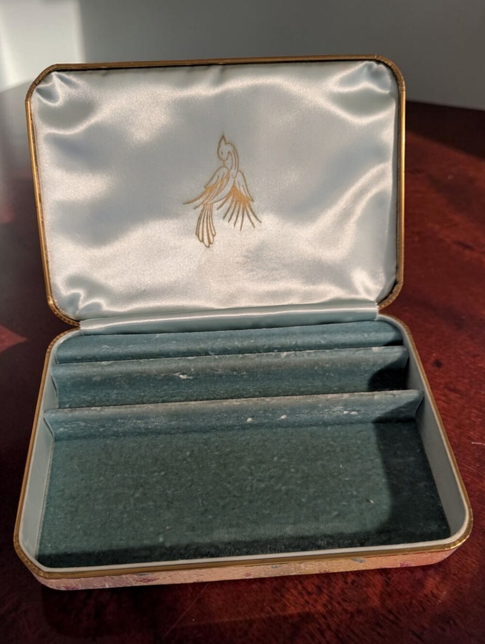 60s 70s Vintage Silk Brocade Travel Jewelry Box Birds Floral Motif Gold‎ Trim